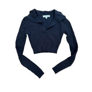 All the Ways - Collared Rib Long Sleeve Crop Sweater Top in Black